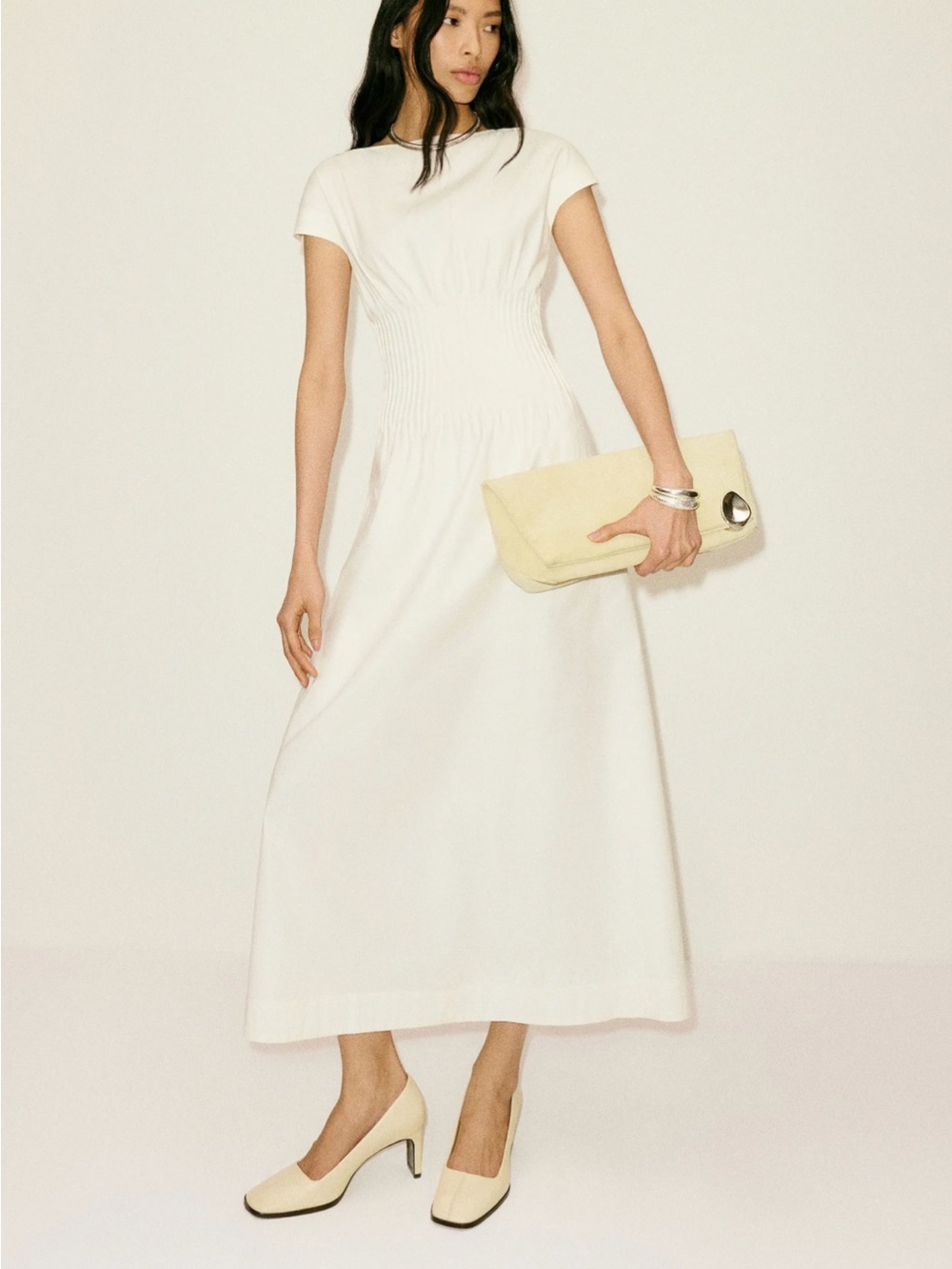 Reformation White Maxi Dress with Cinched Waist